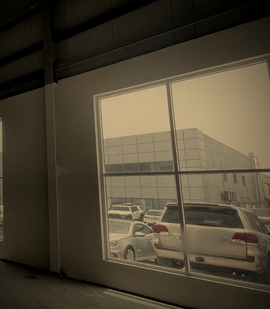 A tall glass window onto the road in a warehouse in Al Quoz Industrial 1, Dubai