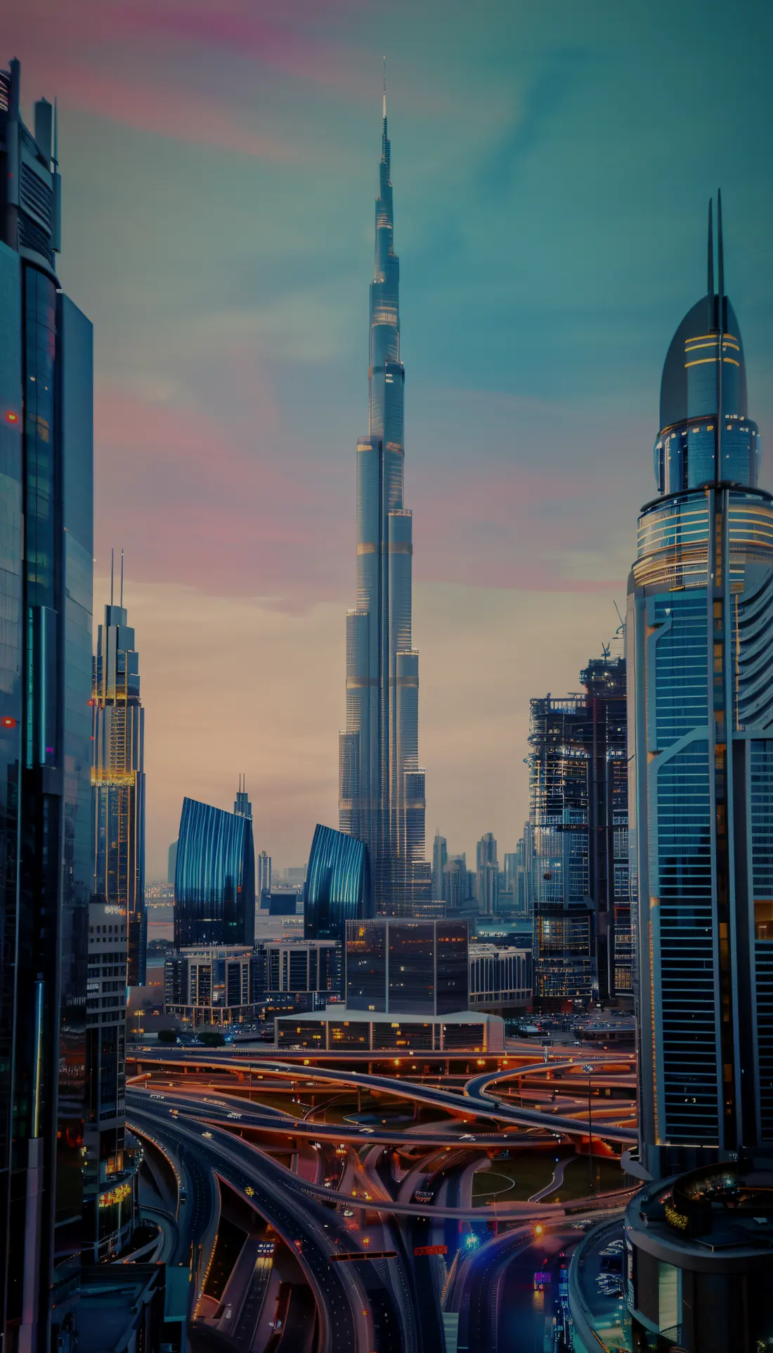 The Burj Khalifa rising above the towers of Downtown Dubai