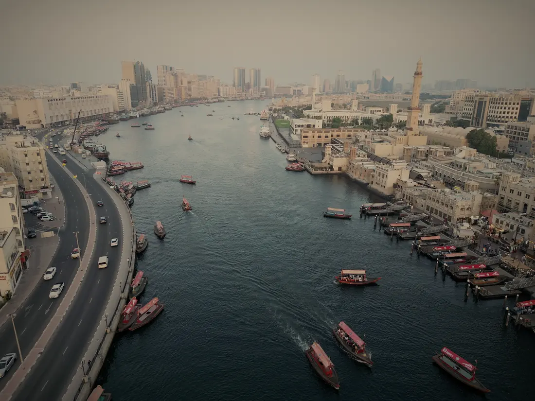 Dubai Creek from above, with abras crossing between Deira and Bur Dubai