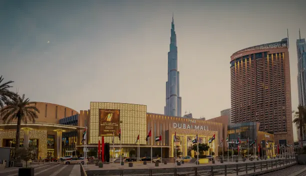 The entrance of The Dubai Mall, with the Burj Khalifa behind it