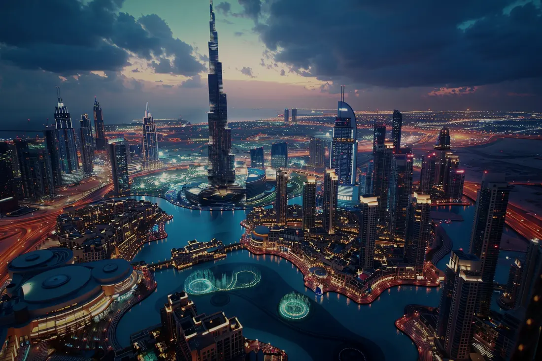 Downtown Dubai at dusk, with the Burj Khalifa above the lake and the city lights coming on