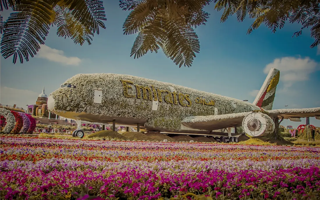 The flower-covered Emirates A380 at Dubai Miracle Garden