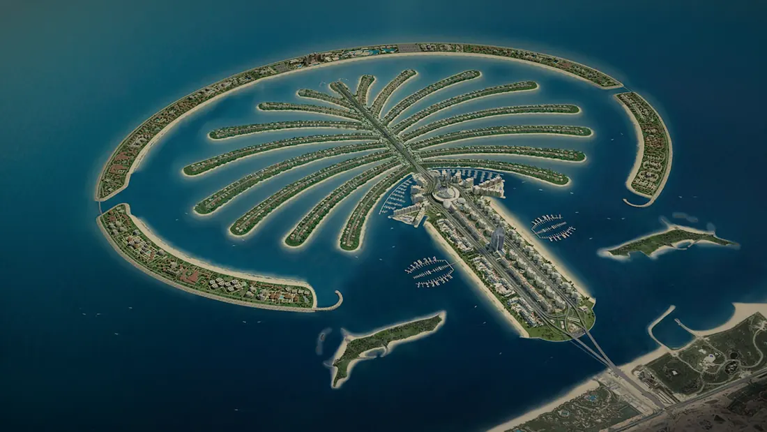 Palm Jumeirah from above, its fronds and crescent in the sea