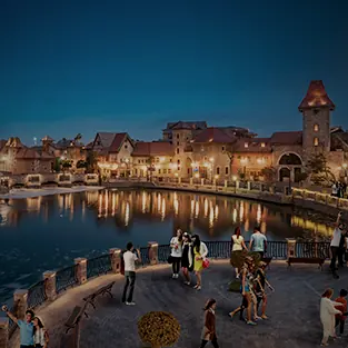Riverland at Dubai Parks and Resorts in the evening